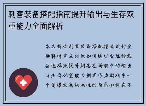 刺客装备搭配指南提升输出与生存双重能力全面解析